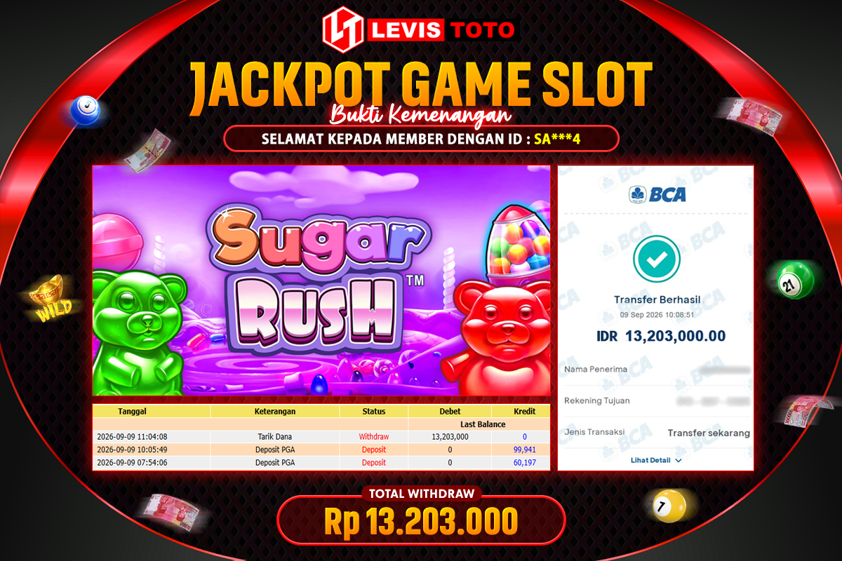 LEVISTOTO - BAYAR JACKPOT SLOT SUGAR RUSH TOTAL RP.13.203.000 | DIBAYAR LUNAS
