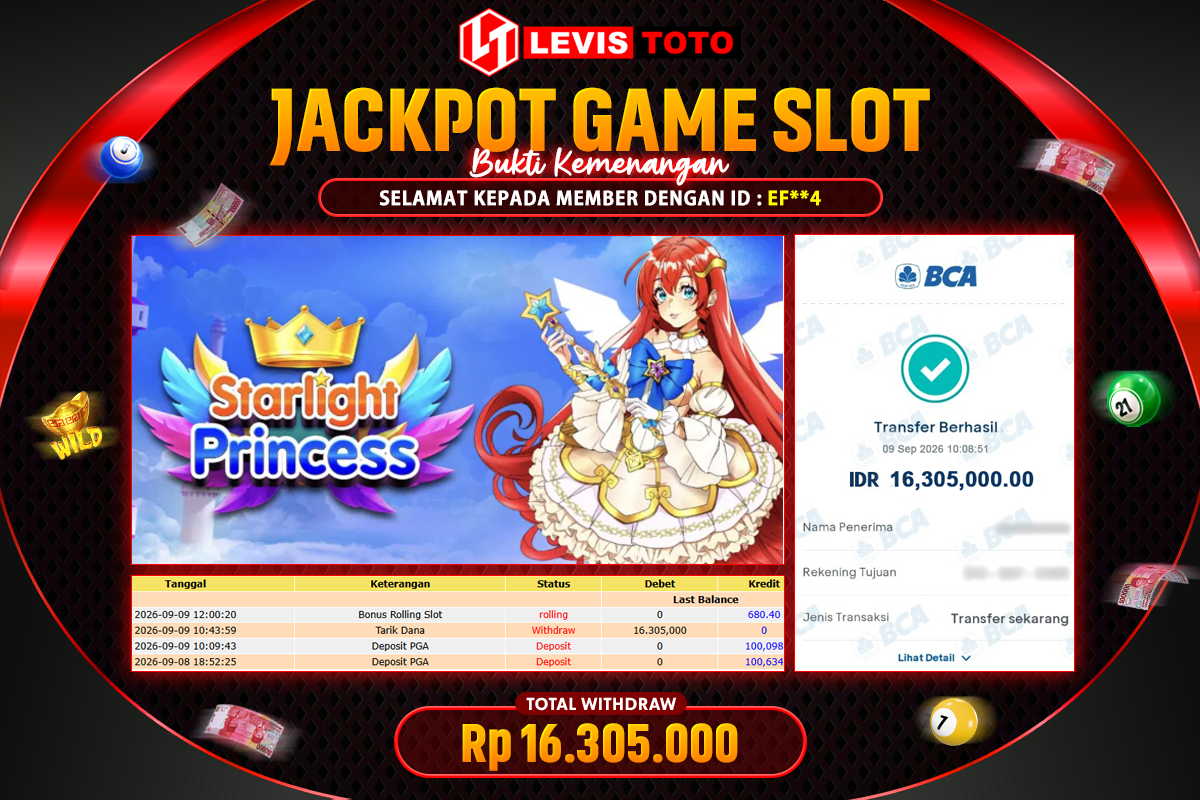 LEVISTOTO - BAYAR JACKPOT SLOT STARLIGHT PRINCESS TOTAL RP.16.305.000 | DIBAYAR LUNAS