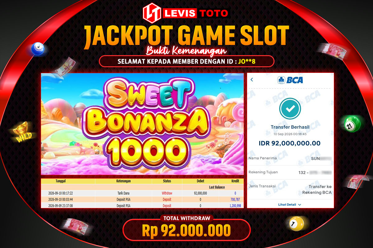 LEVISTOTO - BAYAR JACKPOT SLOT SWEET BONANZA 1000 TOTAL RP. 92.000.000 | DIBAYAR LUNAS