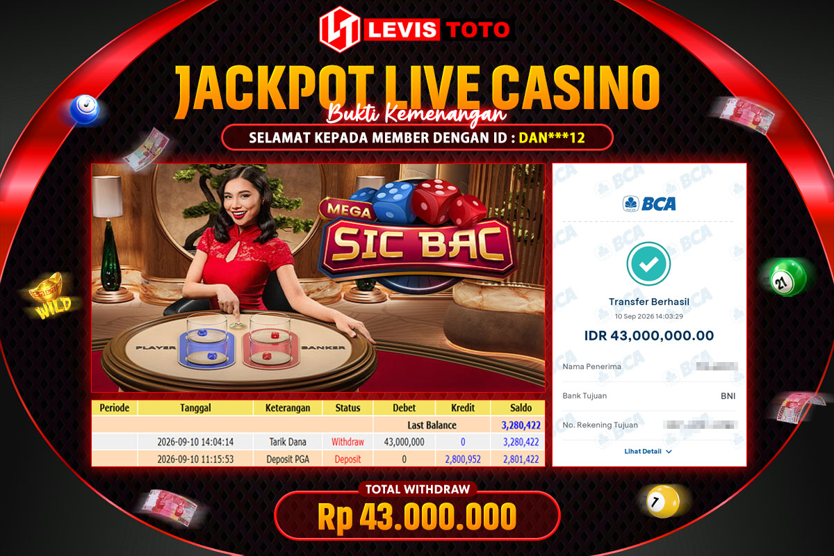 LEVISTOTO - BAYAR JACKPOT LIVE CASINO MEGA SIC BAC TOTAL RP.43.000.000 | DIBAYAR LUNAS