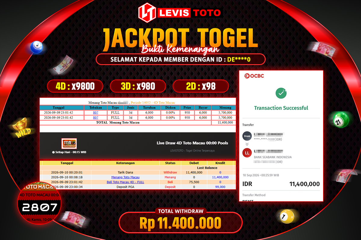 LEVISTOTO - BAYAR JACKPOT TOGEL TOTOMACAU 00.00 TOTAL RP.11.400.000 | DIBAYAR LUNAS
