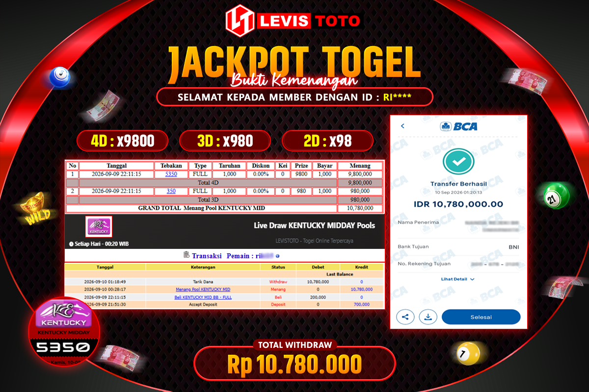 LEVISTOTO - BAYAR JACKPOT POOL KENTUCKY MID TOTAL RP.10.780.000 | DIBAYAR LUNAS