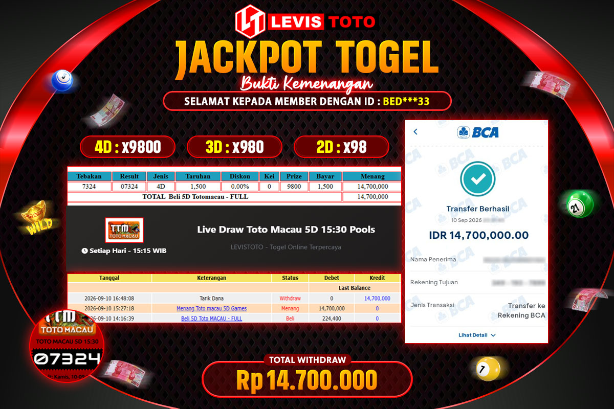 LEVISTOTO - BAYAR JACKPOT TOGEL 5D TOTO MACAU TOTAL RP.14.700.000 | DIBAYAR LUNAS