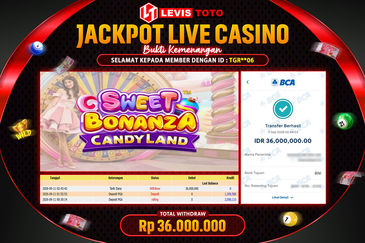 LEVISTOTO - BAYAR JACKPOT LIVE CASINO SWEET BONANZA CANDYLAND TOTAL RP.36.000.000 | DIBAYAR LUNAS