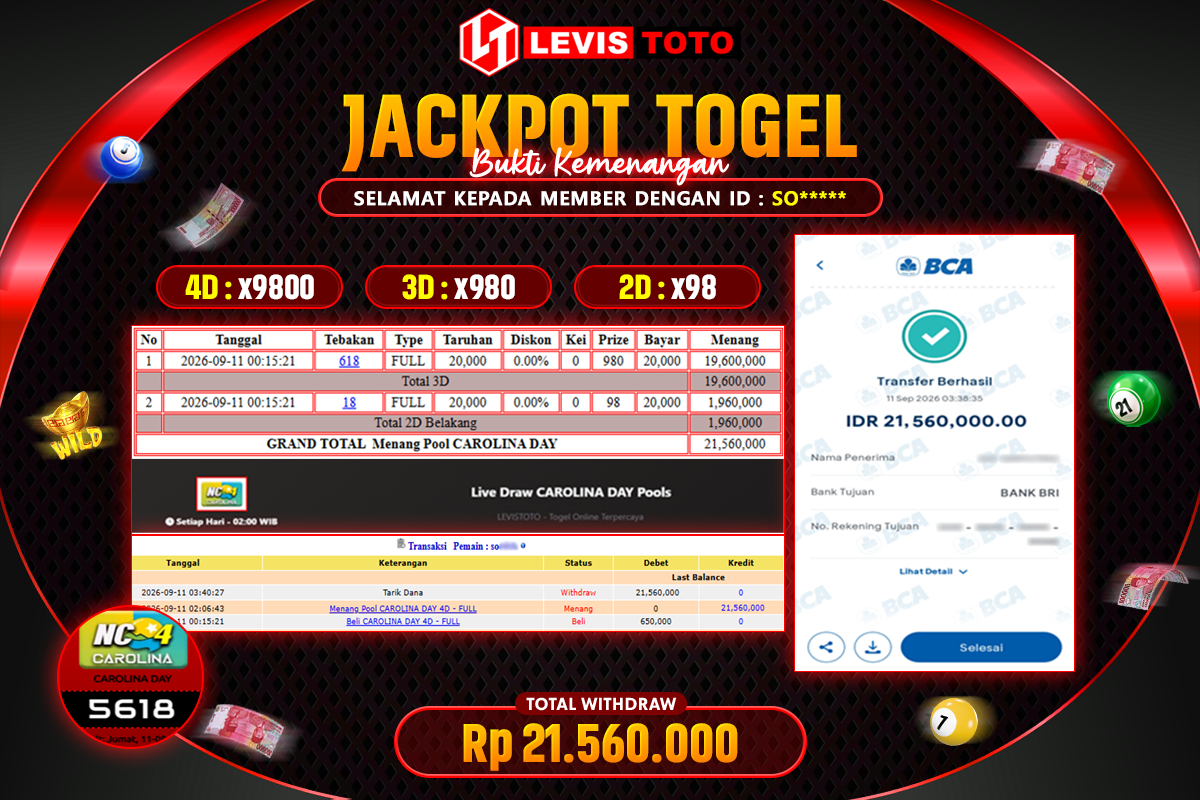 LEVISTOTO - BAYAR JACKPOT POOL CAROLINA DAY TOTAL RP.21.560.000 | DIBAYAR LUNAS