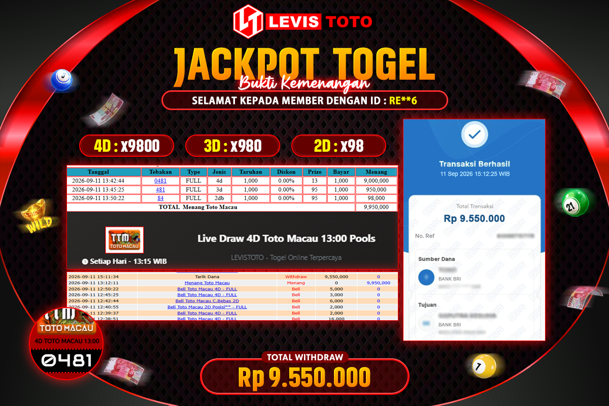 LEVISTOTO - BAYAR JACKPOT TOGEL TOTO MACAU 4D TOTAL RP.9.550.000 | DIBAYAR LUNAS