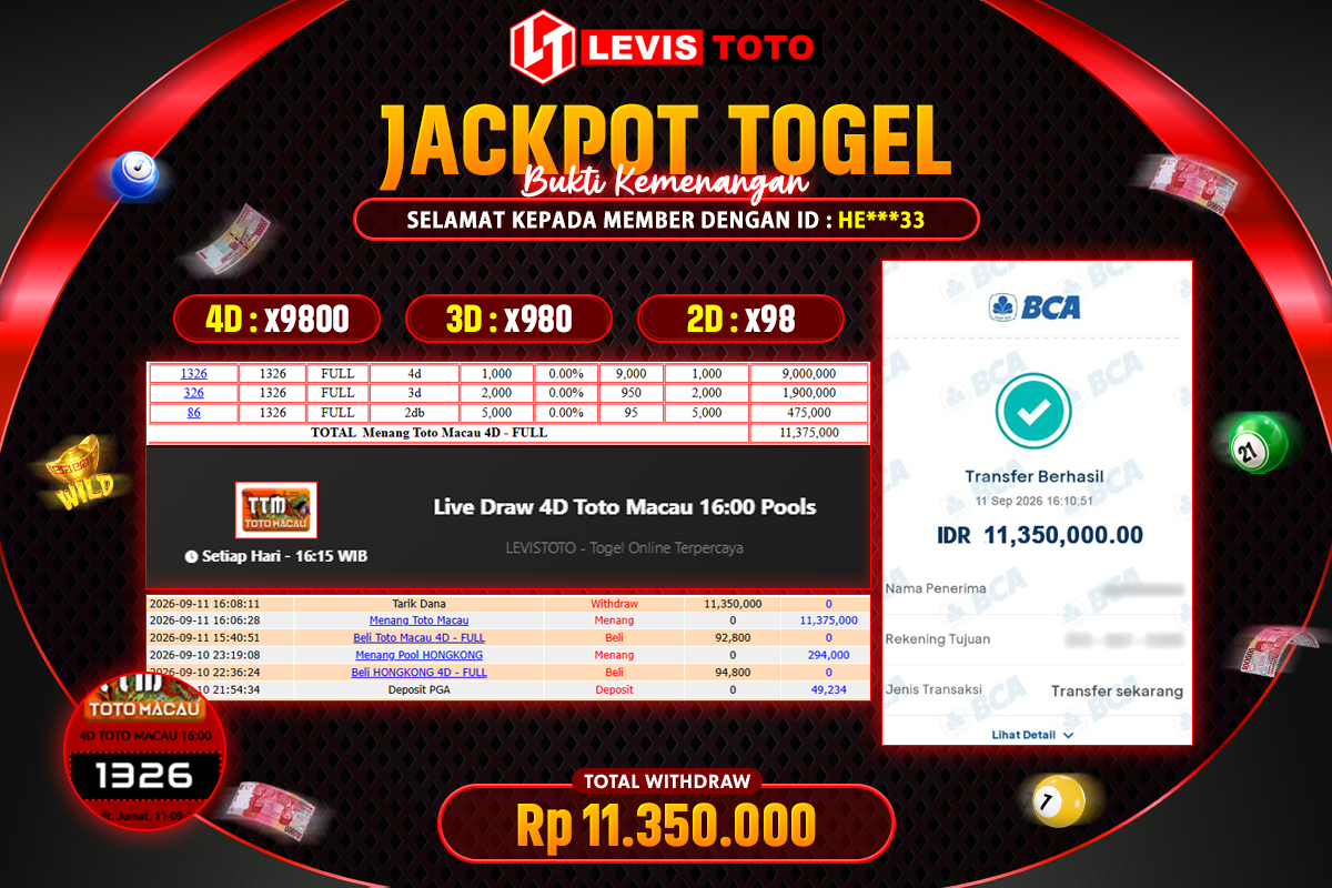 LEVISTOTO - BAYAR JACKPOT TOGEL TOTO MACAU 4D TOTAL RP.11.350.000 | DIBAYAR LUNAS