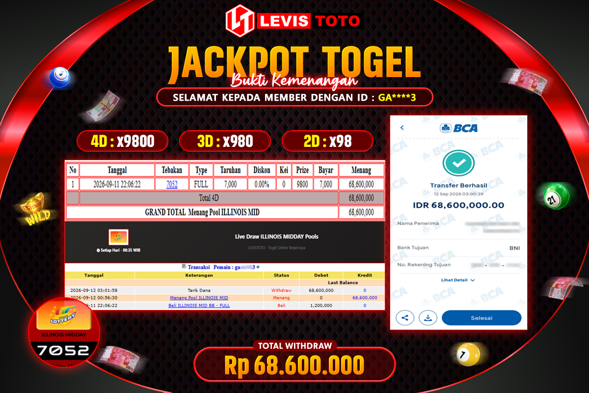 LEVISTOTO - BAYAR JACKPOT POOL ILLINOIS MID TOTAL RP.68.600.000 | DIBAYAR LUNAS