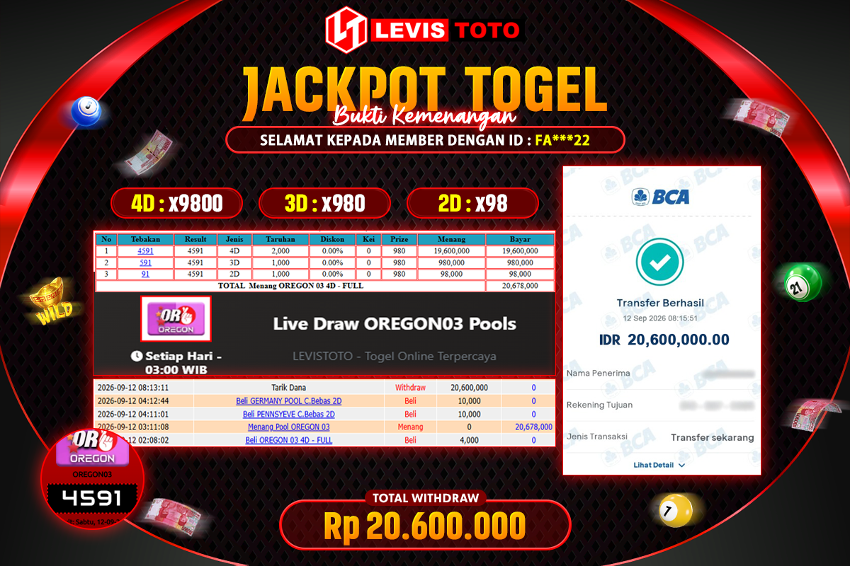 LEVISTOTO - BAYAR JACKPOT TOGEL OREGON 3 TOTAL RP.20.000.000 | DIBAYAR LUNAS