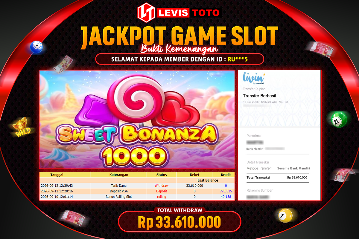 LEVISTOTO - BAYAR JACKPOT SLOT SWEET BONANZA 1000 TIME TOTAL RP.33.610.000 | DIBAYAR LUNAS