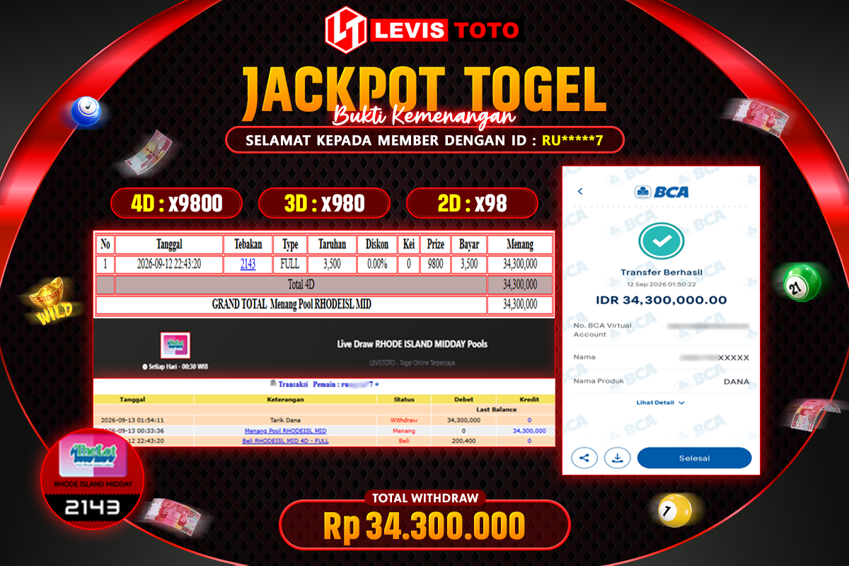 LEVISTOTO - BAYAR JACKPOT POOL RHODEISL MID TOTAL RP.34.300.000 | DIBAYAR LUNAS