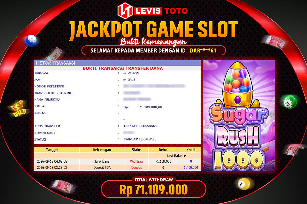 LEVISTOTO - BAYAR JACKPOT SLOT SUGAR RUSH 1000 TOTAL RP.71.109.000 | DIBAYAR LUNAS
