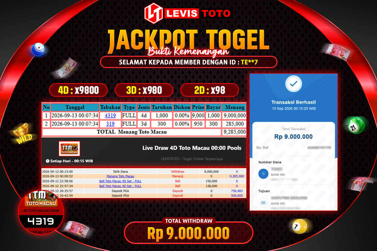 LEVISTOTO - BAYAR JACKPOT TOGEL TOTO MACAU 4D TOTAL RP.9.000.000 | DIBAYAR LUNAS