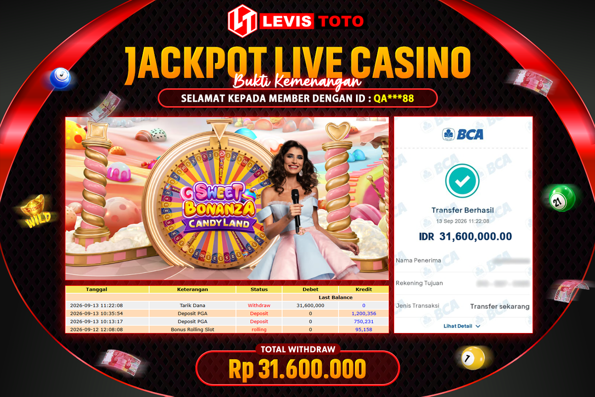 LEVISTOTO - BAYAR JACKPOT LIVE CASINO SWEET BONANZA CANDYLAND TOTAL RP.31.600.000 | DIBAYAR LUNAS