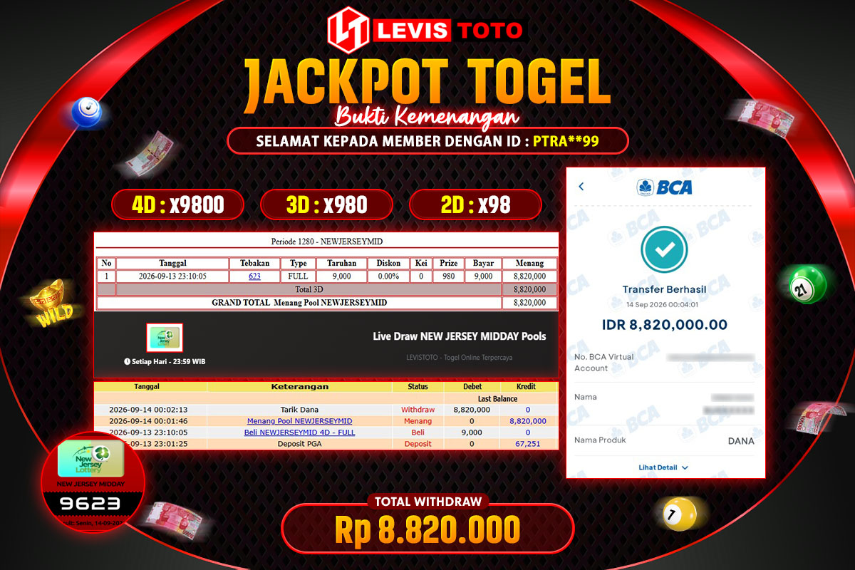 LEVISTOTO - BAYAR JACKPOT TOGEL NEW JERSEY MID TOTAL RP.8.820.000 | DIBAYAR LUNAS