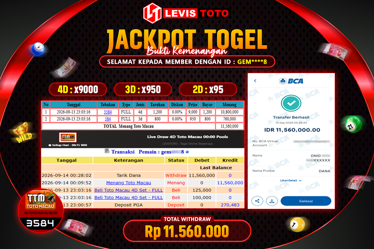 LEVISTOTO - BAYAR JACKPOT POOL TOTO MACAU 4D TOTAL RP.11.560.000 | DIBAYAR LUNAS