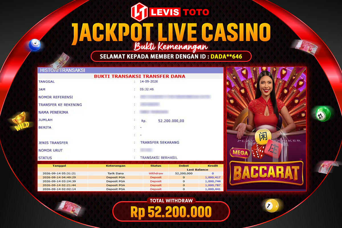LEVISTOTO - BAYAR JACKPOT LIVE CASINO MEGA BACCARAT TOTAL RP.52.200.000 | DIBAYAR LUNAS