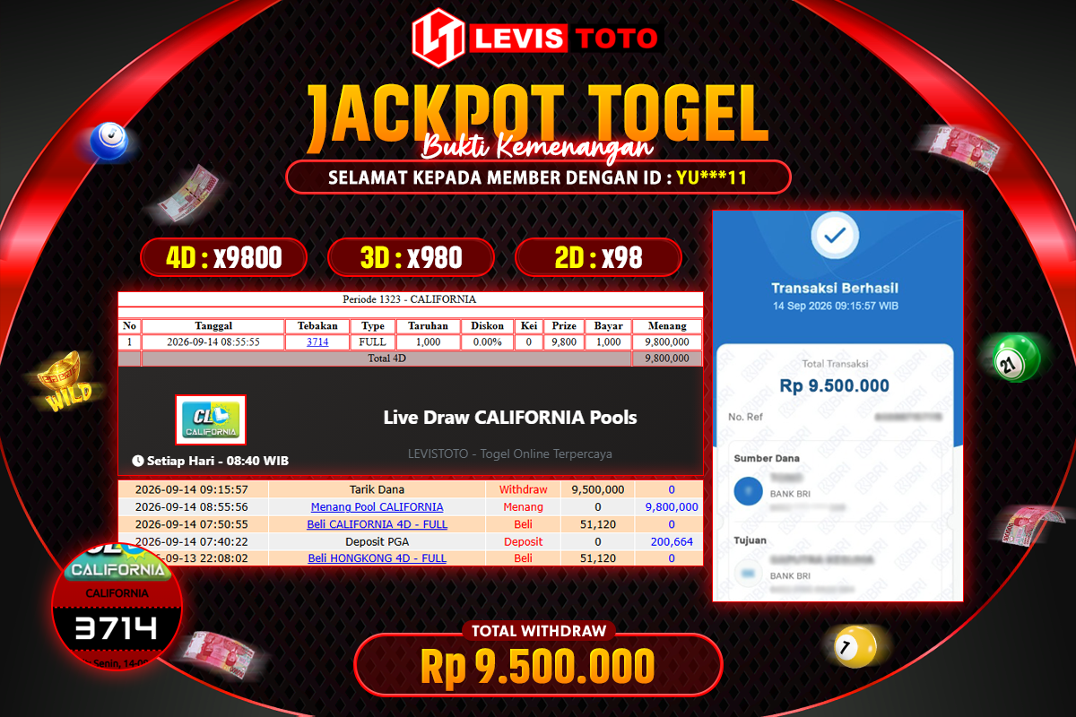 LEVISTOTO - BAYAR JACKPOT TOGEL PASARAN CALIFORNIA TOTAL RP.9.500.000 | DIBAYAR LUNAS