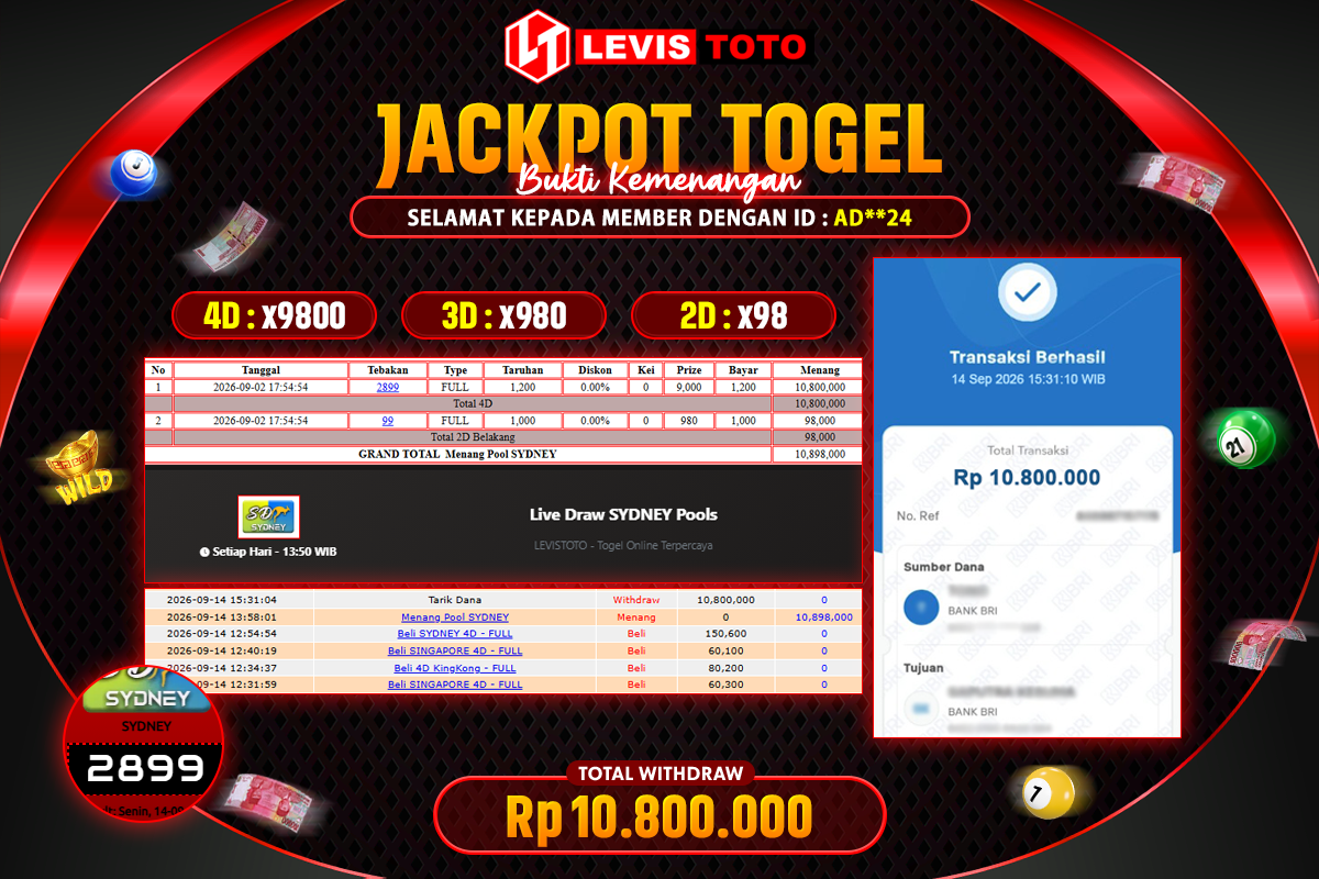 LEVISTOTO - BAYAR JACKPOT TOGEL PASARAN SYDNEY TOTAL RP.10.800.000 | DIBAYAR LUNAS