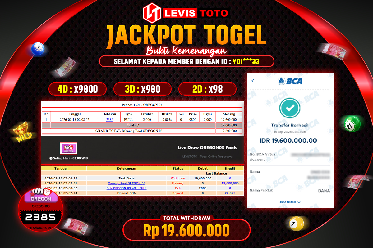 LEVISTOTO - BAYAR JACKPOT TOGEL OREGON 03 POOL TOTAL RP.19.600.000 | DIBAYAR LUNAS