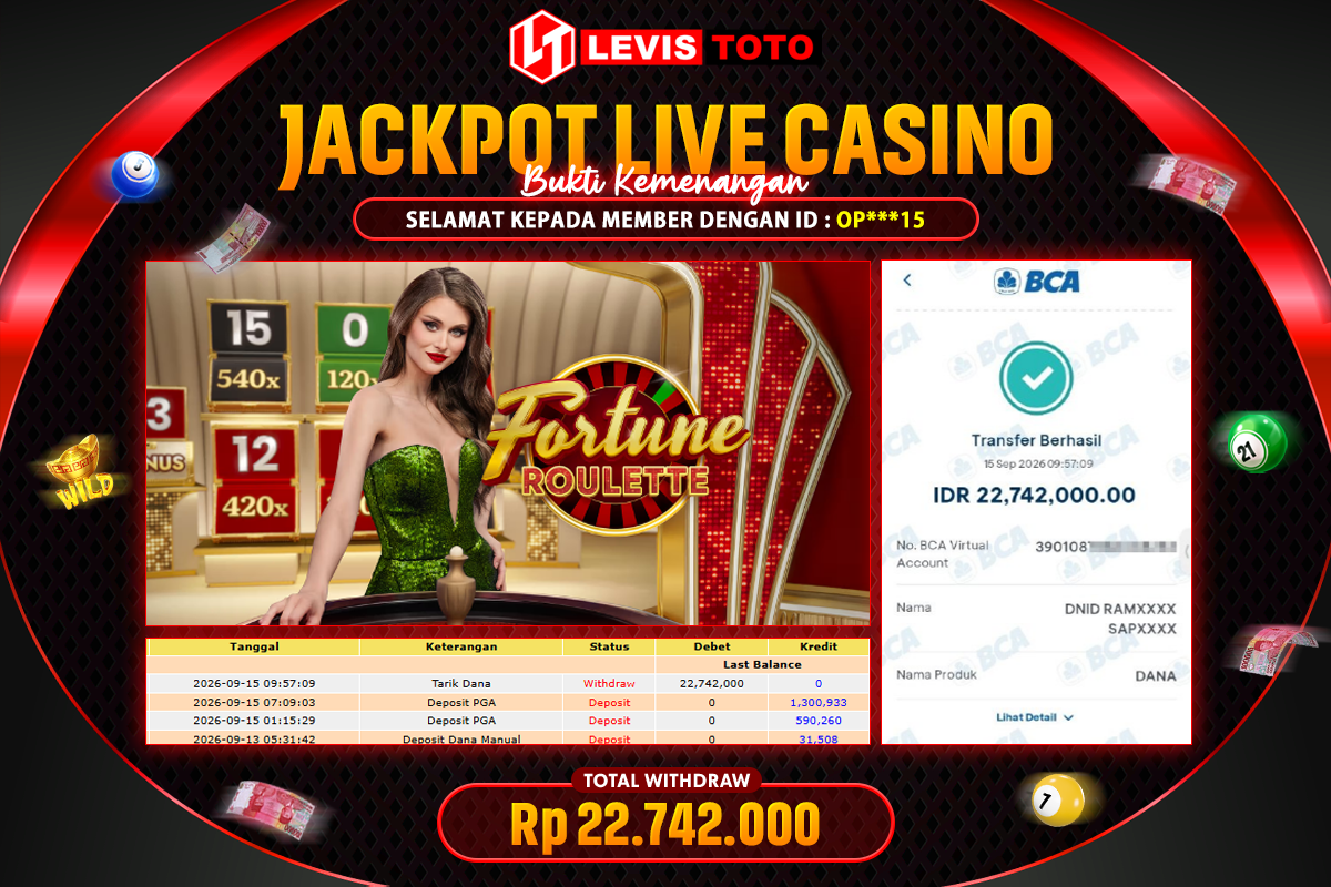 LEVISTOTO - BAYAR JACKPOT LIVE CASINO FORTUNE ROULLETE TOTAL RP.22.742.000 | DIBAYAR LUNAS
