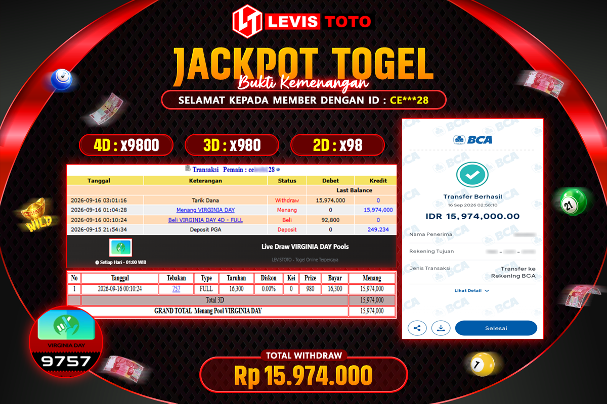 LEVISTOTO - BAYAR JACKPOT POOL VIRGINIA DAY TOTAL RP.15.974.000 | DIBAYAR LUNAS