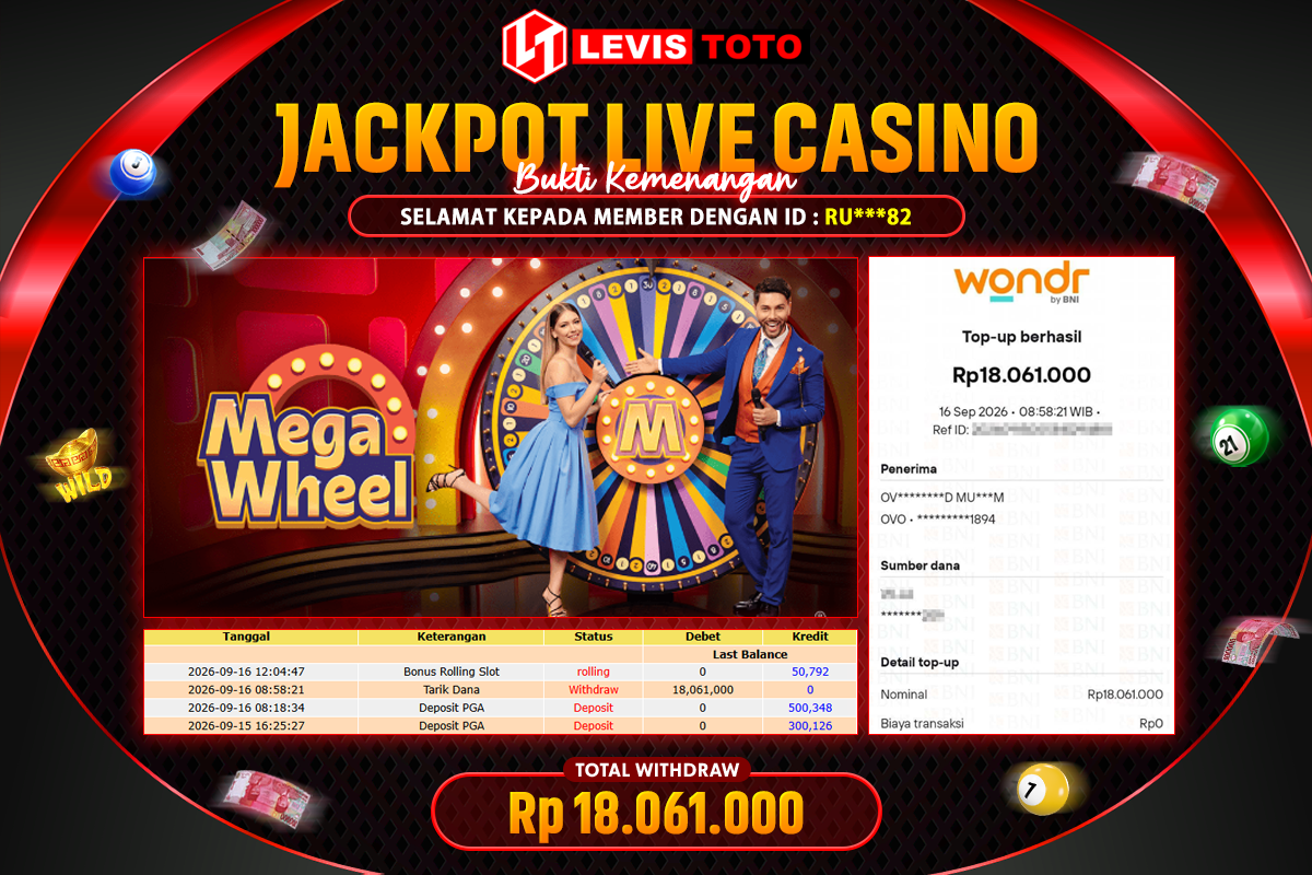 LEVISTOTO - BAYAR JACKPOT LIVE CASINO MEGA WHEEL TOTAL RP.18.061.000 | DIBAYAR LUNAS