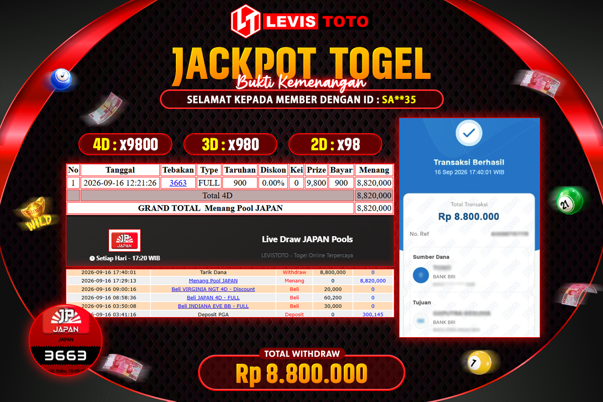 LEVISTOTO - BAYAR JACKPOT TOGEL PASARAN JAPAN TOTAL RP.8.800.000 | DIBAYAR LUNAS