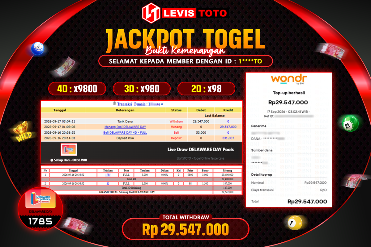 LEVISTOTO - BAYAR JACKPOT POOL DELAWARE DAY TOTAL RP.29.547.000 | DIBAYAR LUNAS