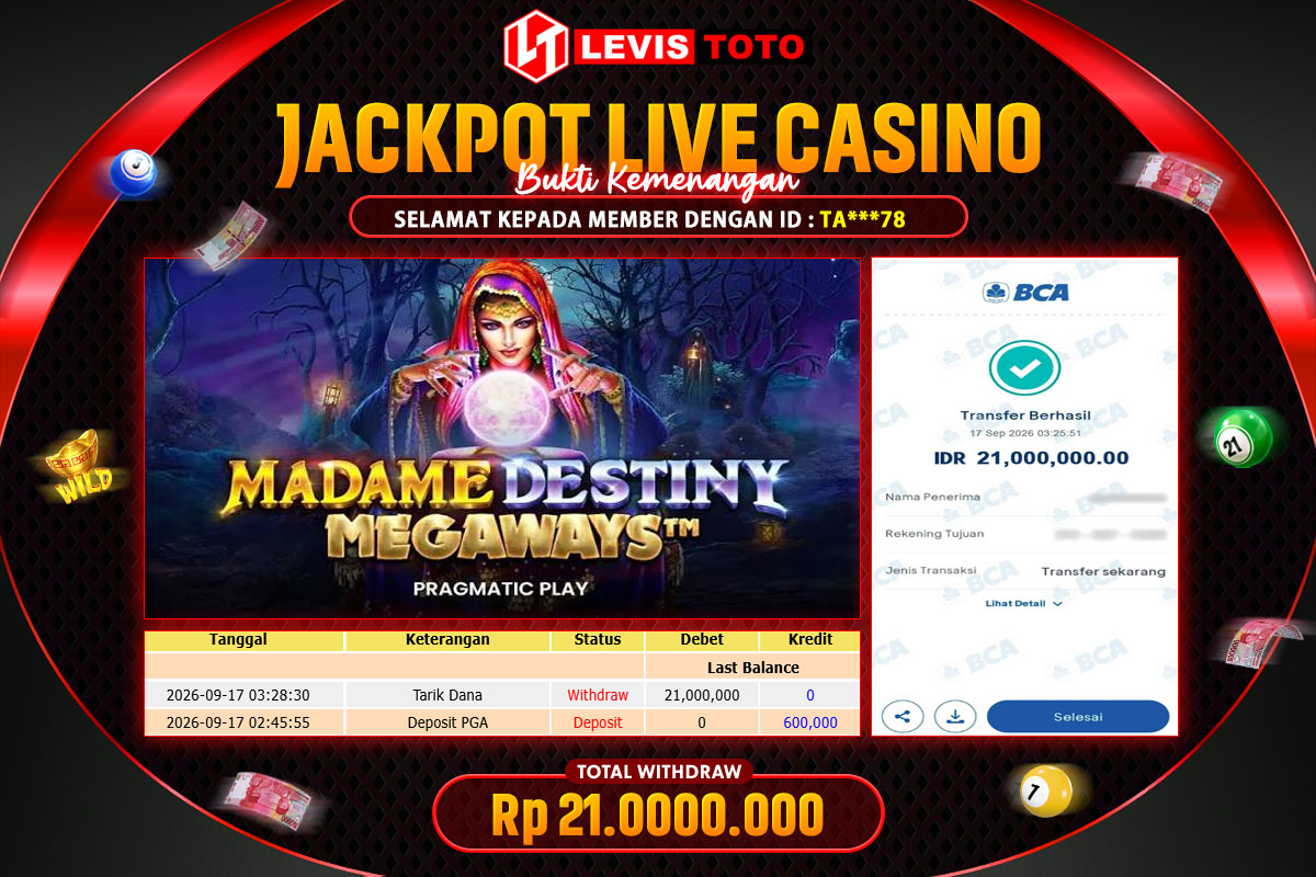 LEVISTOTO - BAYAR JACKPOT SLOT MADAME DESTINY MEGAWAYS TOTAL RP.21.000.000 | DIBAYAR LUNAS