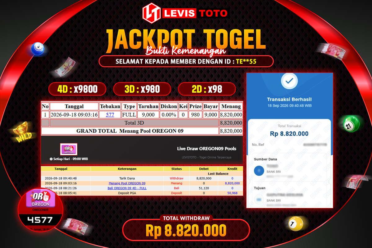LEVISTOTO - BAYAR JACKPOT TOGEL PASARAN OREGON 09 TOTAL RP.8.820.000 | DIBAYAR LUNAS