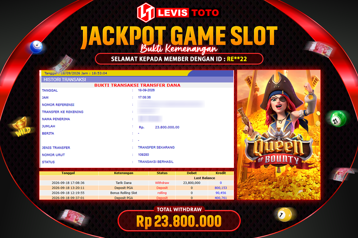 LEVISTOTO - BAYAR JACKPOT SLOT QUEEN OF BOUNTY TOTAL RP.23.800.000 | DIBAYAR LUNAS
