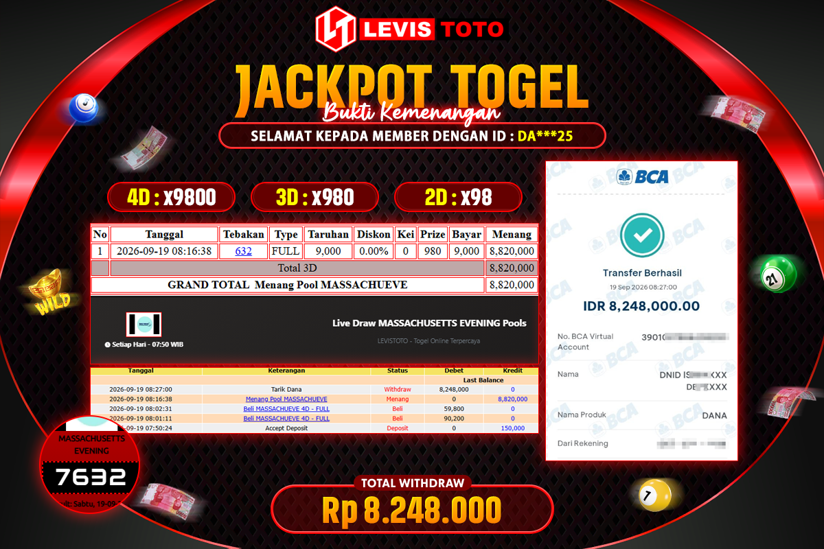 LEVISTOTO - BAYAR JACKPOT TOGEL PASARAN MASSACHUEVE TOTAL RP.8.248.000 | DIBAYAR LUNAS
