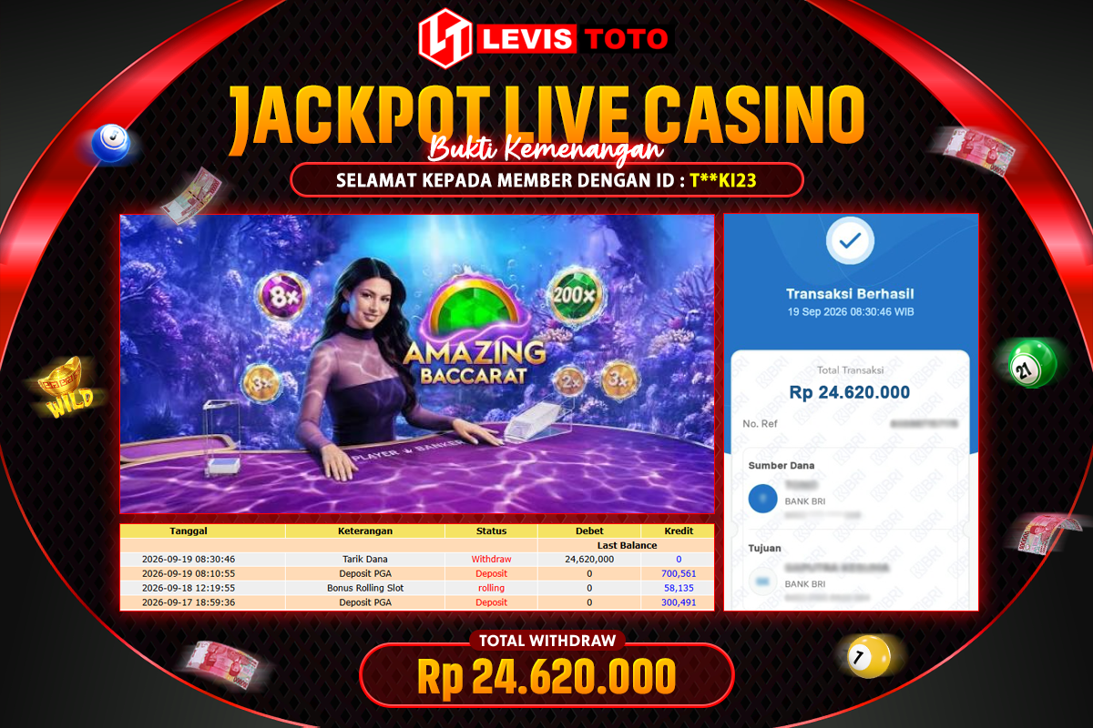 LEVISTOTO - BAYAR JACKPOT LIVE CASINO AMAZING BACCARAT TOTAL RP.24.620.000 | DIBAYAR LUNAS