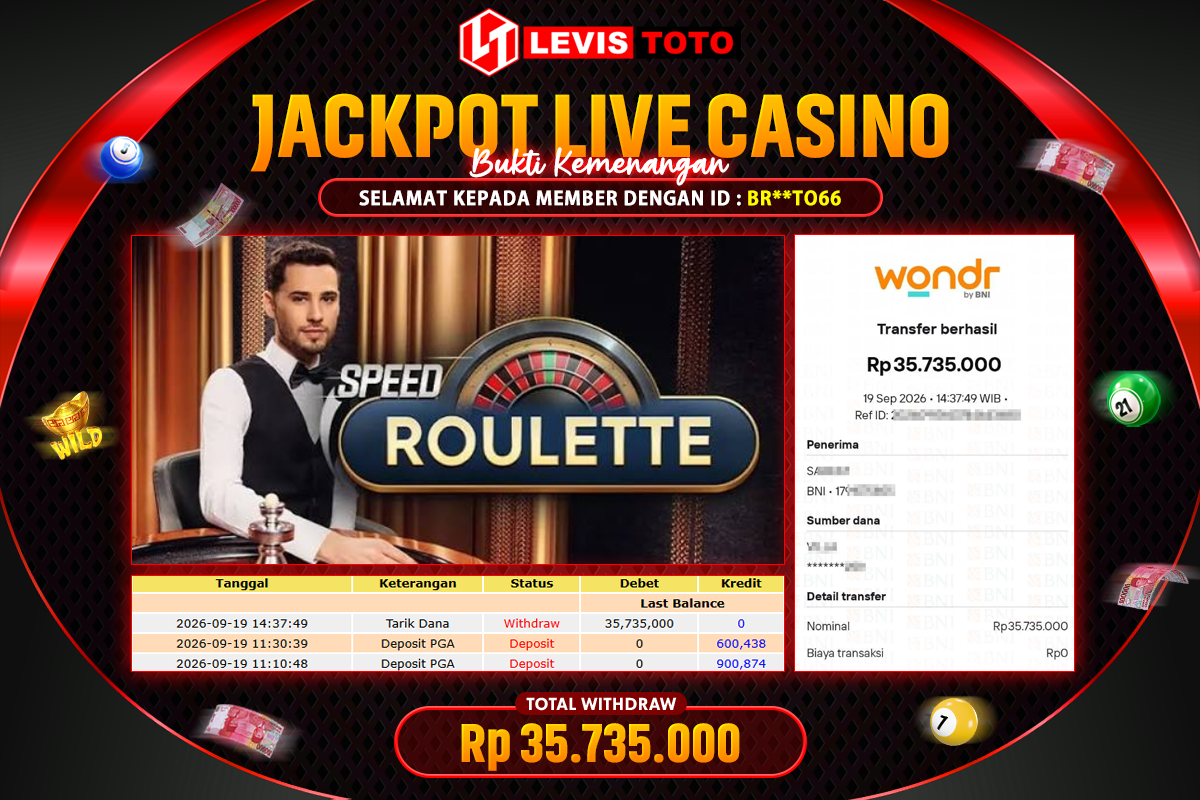 LEVISTOTO - BAYAR JACKPOT LIVE CASINO SPEED ROULLETE TOTAL RP.35.735.000 | DIBAYAR LUNAS