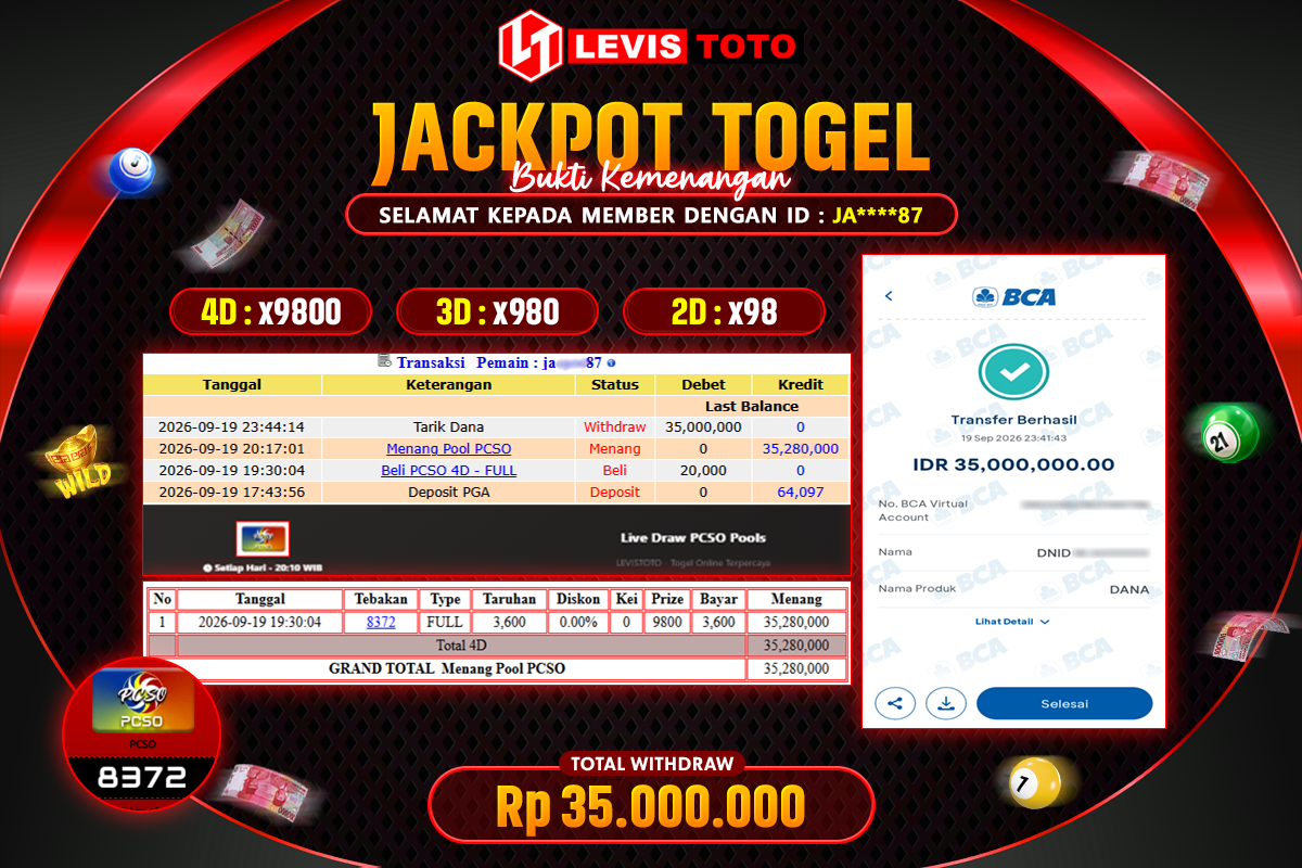 LEVISTOTO - BAYAR JACKPOT POOL PCSO TOTAL RP.35.000.000 | DIBAYAR LUNAS