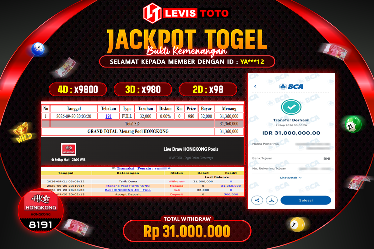 LEVISTOTO - BAYAR JACKPOT POOL HONGKONG TOTAL RP.31.000.000 | DIBAYAR LUNAS