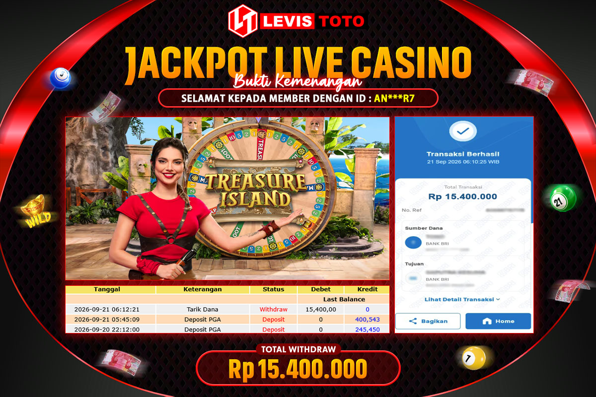 LEVISTOTO - BAYAR JACKPOT LIVE CASINO TREASURE ISLAND TOTAL RP.15.400.000 | DIBAYAR LUNAS