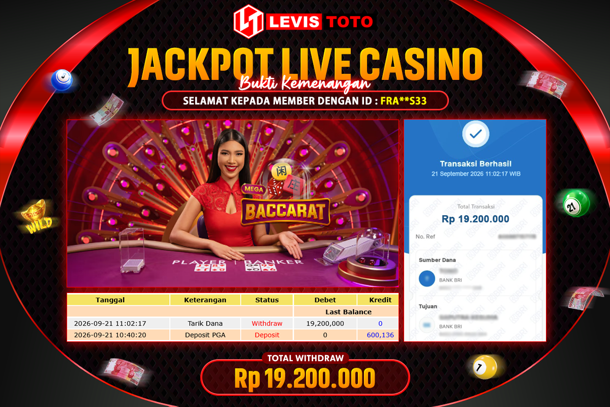 LEVISTOTO - BAYAR JACKPOT LIVE CASINO MEGA BACCARAT  TOTAL RP.19.200.000 | DIBAYAR LUNAS