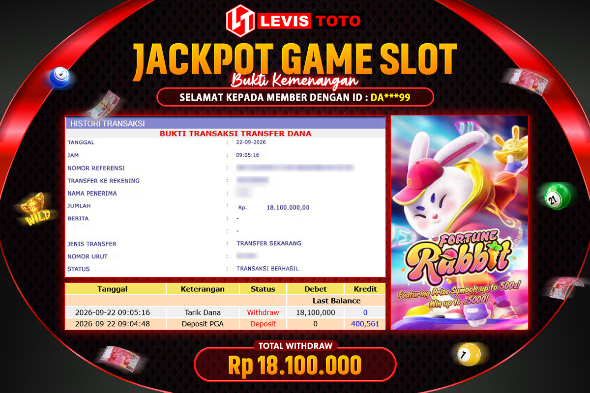 LEVISTOTO - BAYAR JACKPOT SLOT FORTUNE RABBIT TOTAL RP.18.100.000 | DIBAYAR LUNAS
