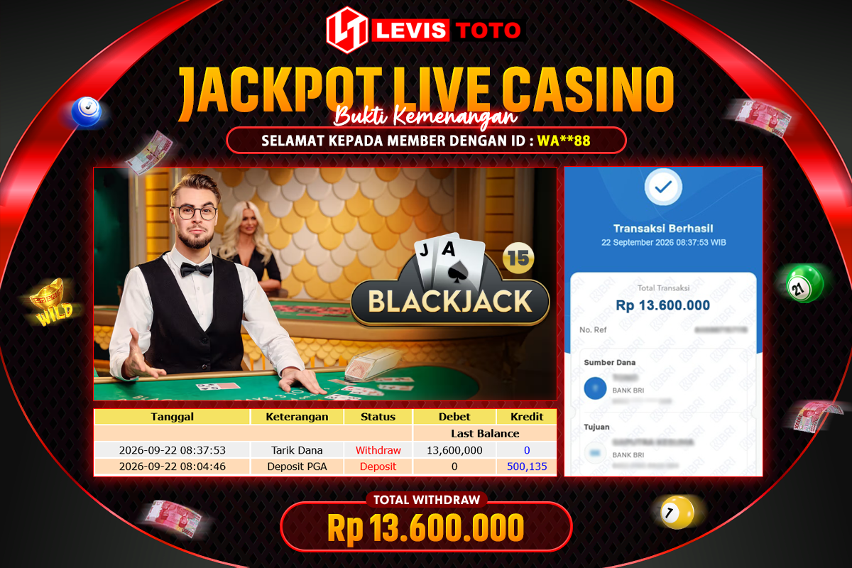 LEVISTOTO - BAYAR JACKPOT LIVE CASINO BLACKJACK TOTAL RP.13.600.000 | DIBAYAR LUNAS