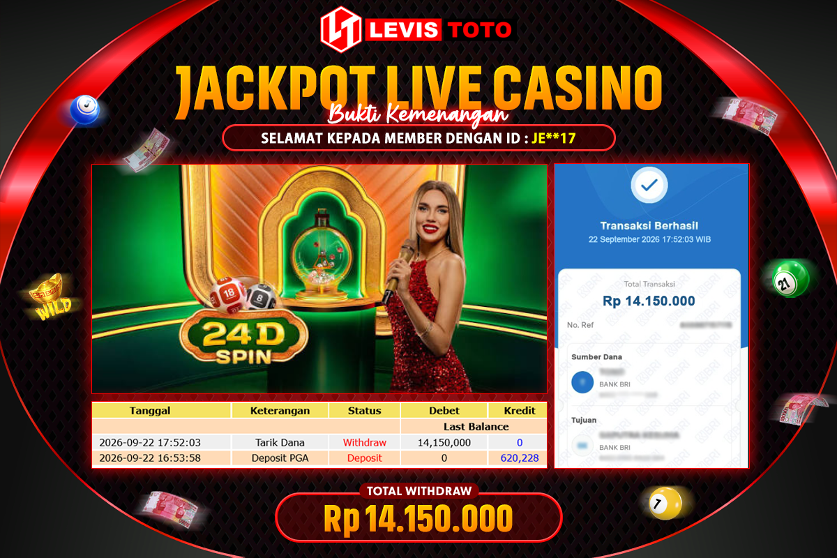 LEVISTOTO - BAYAR JACKPOT LIVE CASINO 24D SPIN TOTAL RP.14.150.000 | DIBAYAR LUNAS