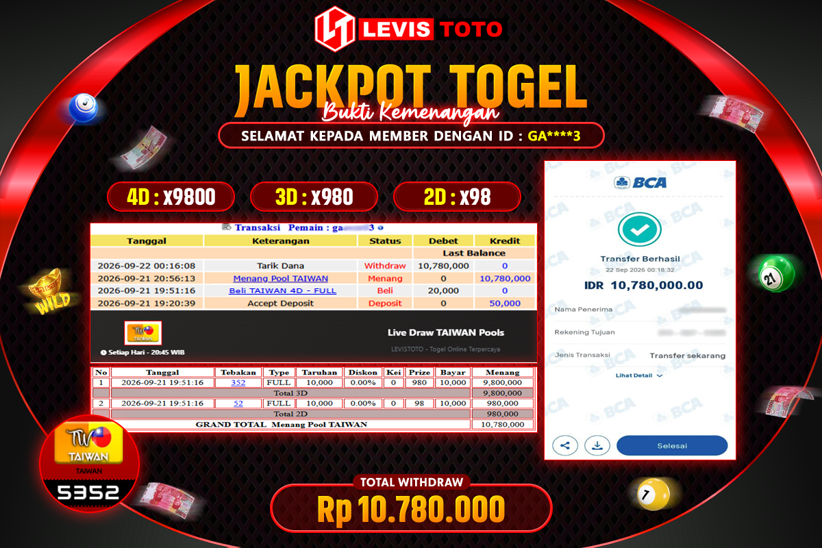 LEVISTOTO - BAYAR JACKPOT POOL TAIWAN TOTAL RP.10.780.000 | DIBAYAR LUNAS