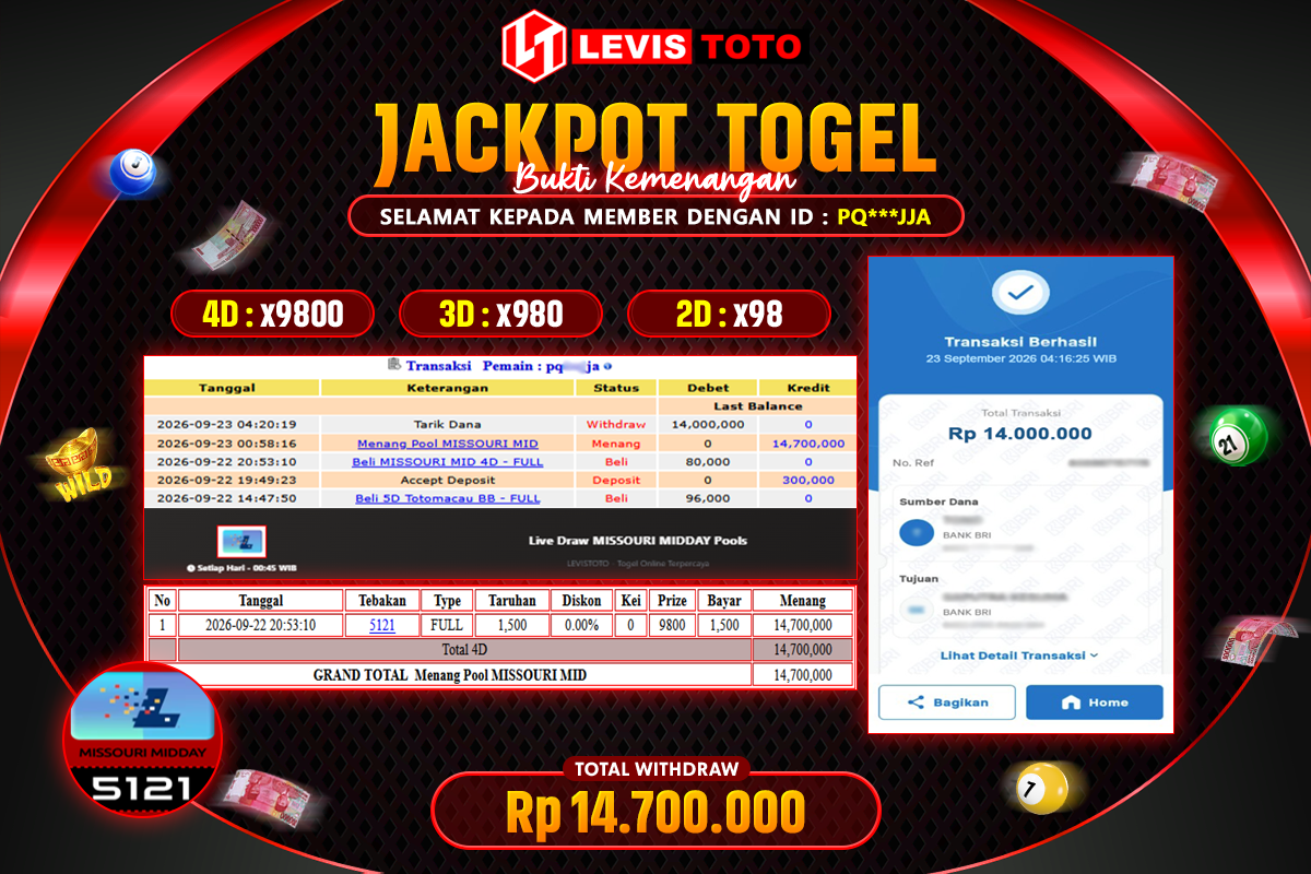 LEVISTOTO - BAYAR JACKPOT POOL MISSOURI MID TOTAL Rp.14.000.000 | DIBAYAR LUNAS