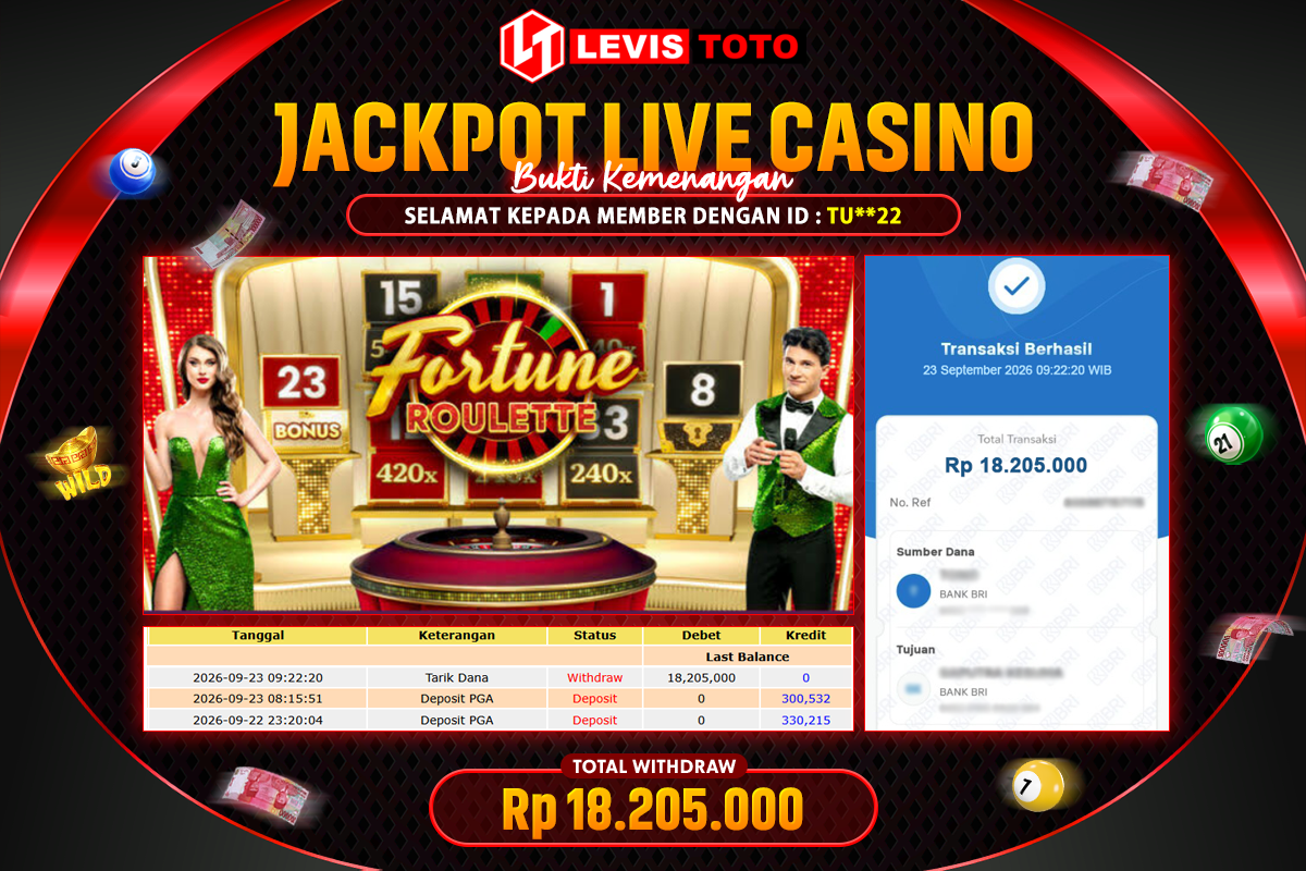 LEVISTOTO - BAYAR JACKPOT LIVE CASINO FORTUNE ROULLETE TOTAL RP.18.205.000 | DIBAYAR LUNAS