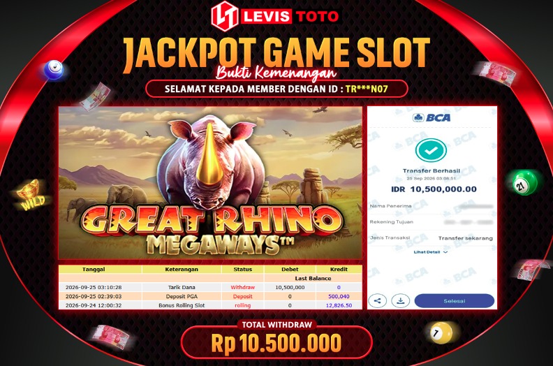 LEVISTOTO - BAYAR JACKPOT SLOT GREAT RHINO MEGAWAYS TOTAL RP.10.500.000 | DIBAYAR LUNAS