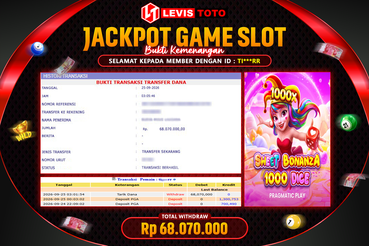 LEVISTOTO - BAYAR JACKPOT SLOT SWEET BONANZA 1000 DICE TOTAL Rp.68.070.000 | DIBAYAR LUNAS