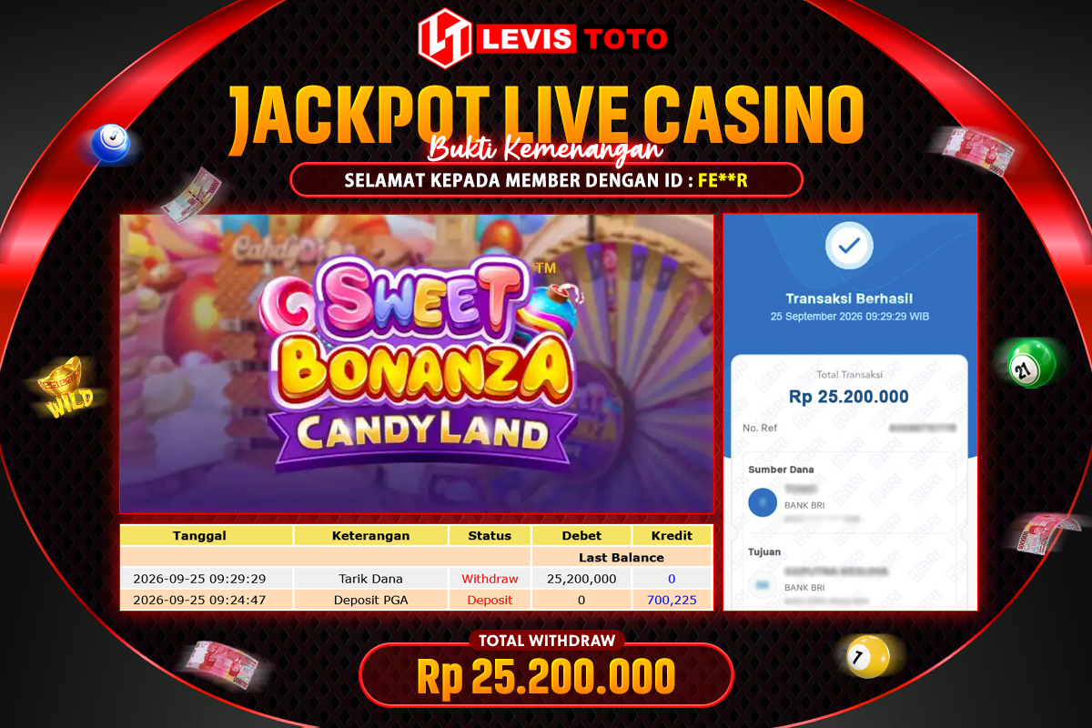 Selamat kepada USER ID : FE**R, Member Setia LEVISTOTO, yang sukses mendapatkan JACKPOT di LIVE CASINO SWEET BONANZA CANDYLAND dengan total kemenangan Rp.25.200.000,-. Pembayaran dilakukan secara instan dan aman sampai ke rekening.