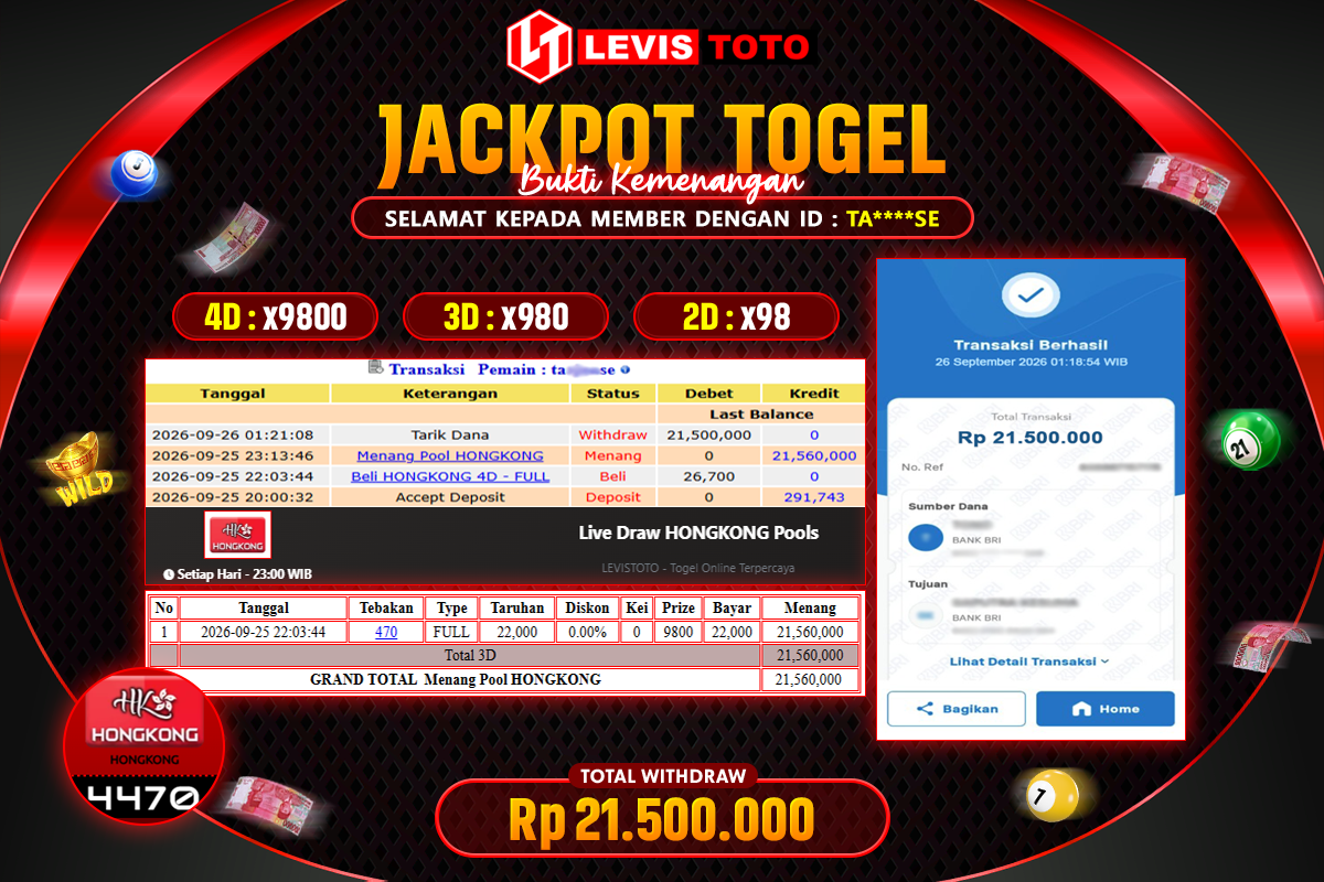 LEVISTOTO - BAYAR JACKPOT POOL HONGKONG TOTAL Rp.21.500.000 | DIBAYAR LUNAS