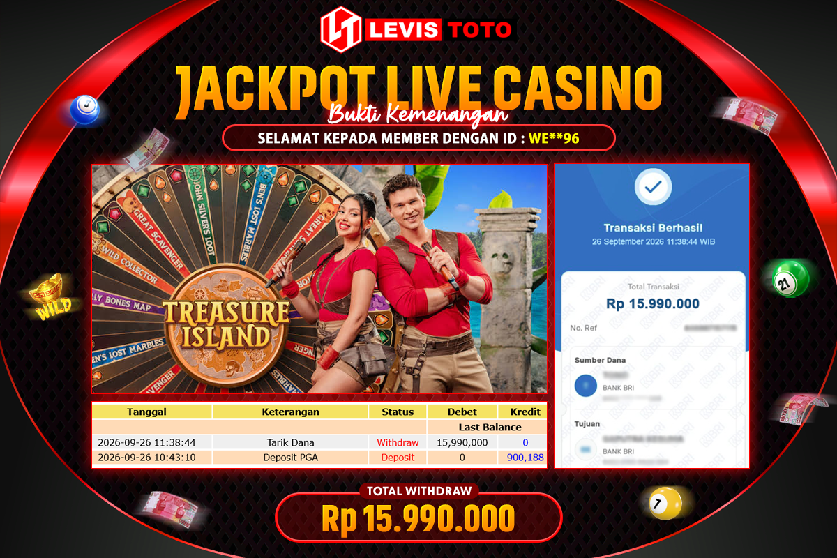 LEVISTOTO - BAYAR JACKPOT LIVE CASINO TREASURE ISLAND TOTAL Rp.15.990.000 | DIBAYAR LUNAS